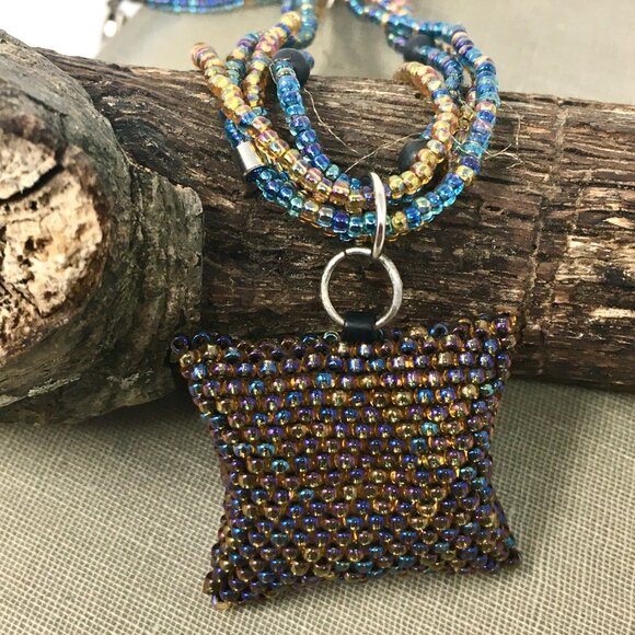 Handmade Iridescent Square Seed Bead Pouch Multi-Strand Matte Hematite Necklace - Picture 3 of 16